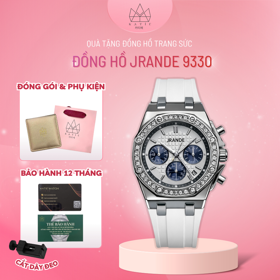 Đồng hồ nữ JRANDE 9330 size 37mm mặt tròn dây silicon mặt Sapphire chống xước chống nước 3ATM
