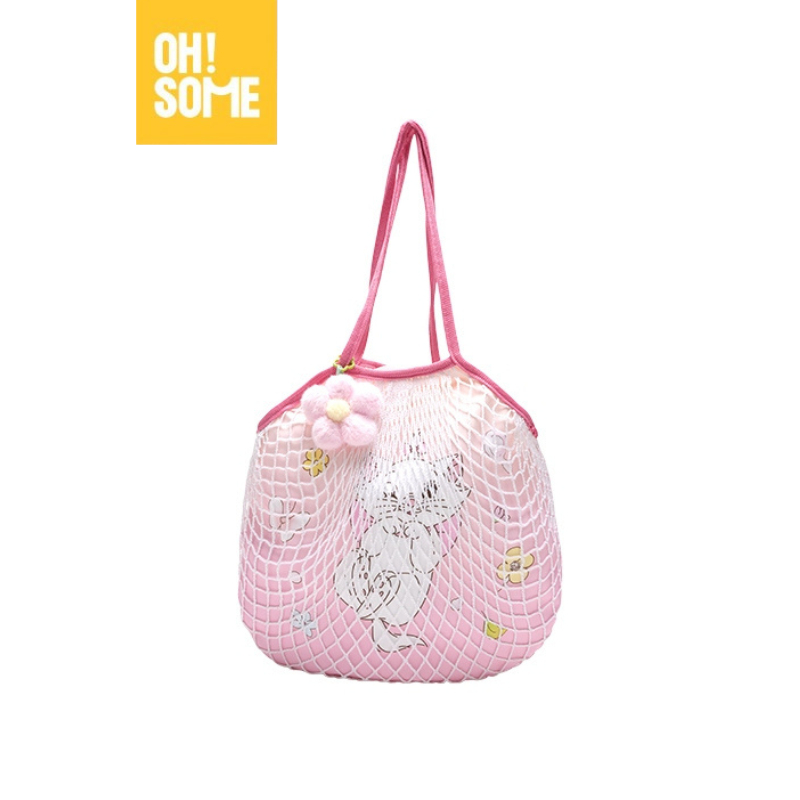 【OHSOME x Disney】- Túi đeo vai Mèo Marie hồng pastel vải lưới cách điệu kèm charm hoa dễ thương