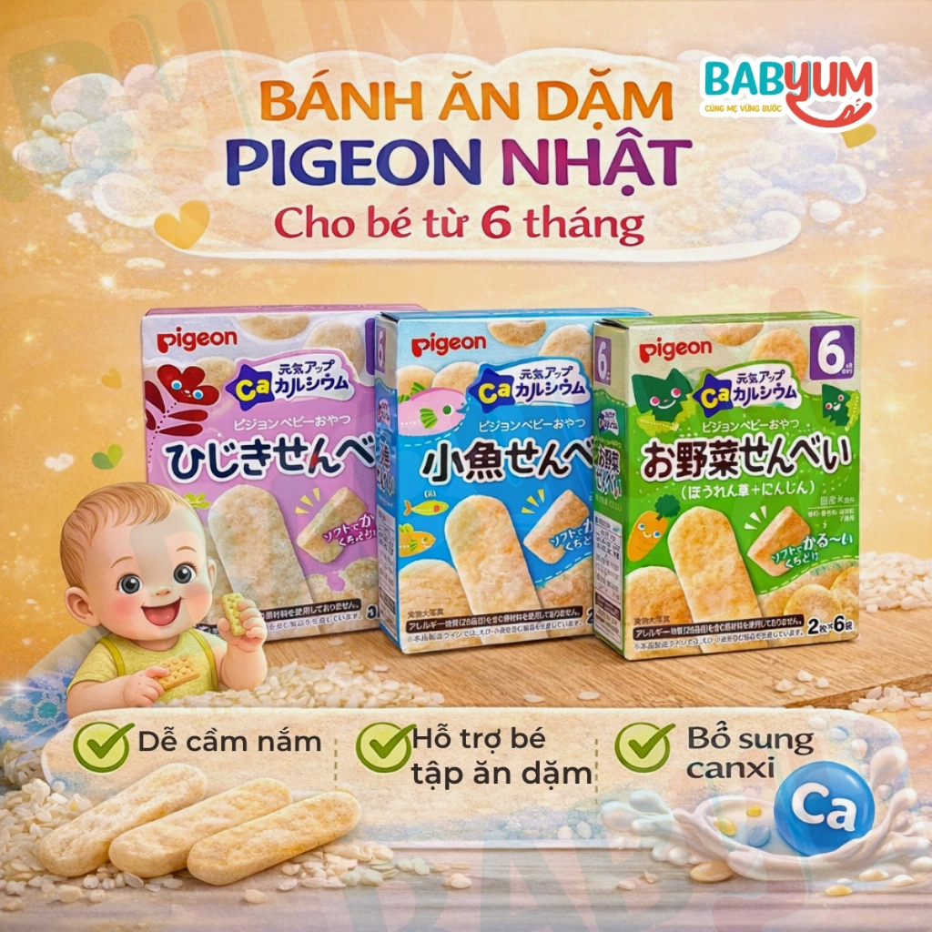 Bánh ăn dặm Pigeon Nhật Bản cho bé từ 6 tháng – Bánh gạo bổ sung canxi nhiều vị