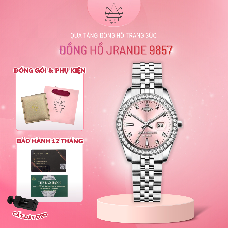 Đồng hồ nữ JRANDE 9857 size 27mm mặt tròn dây thép mặt Sapphire chống xước chống nước 3ATM