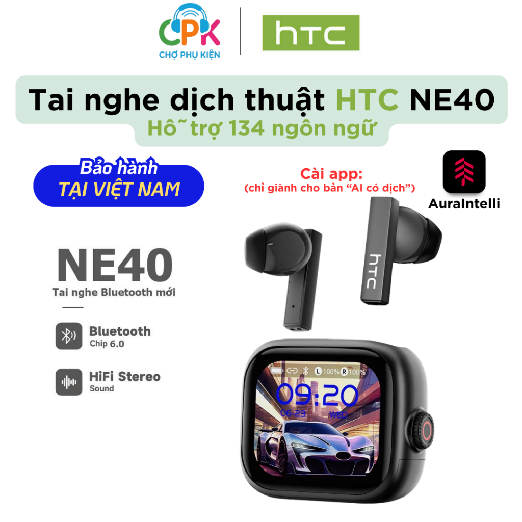 [HỎA TỐC HCM] Tai Nghe True Wireless Phiên dịch 134 ngôn ngữ HTC NE40 | Có màn hình LED Tiếng Việt | Nút vặn