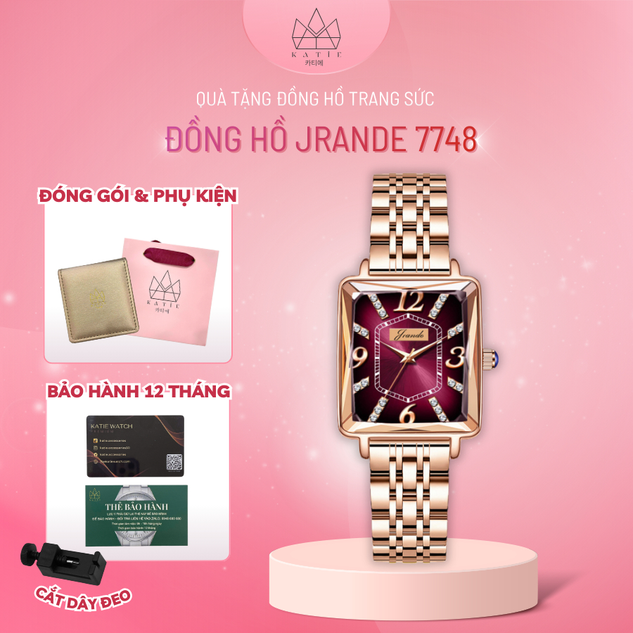 Đồng hồ nữ Jrande 7748 mặt vuông, dây kim loại