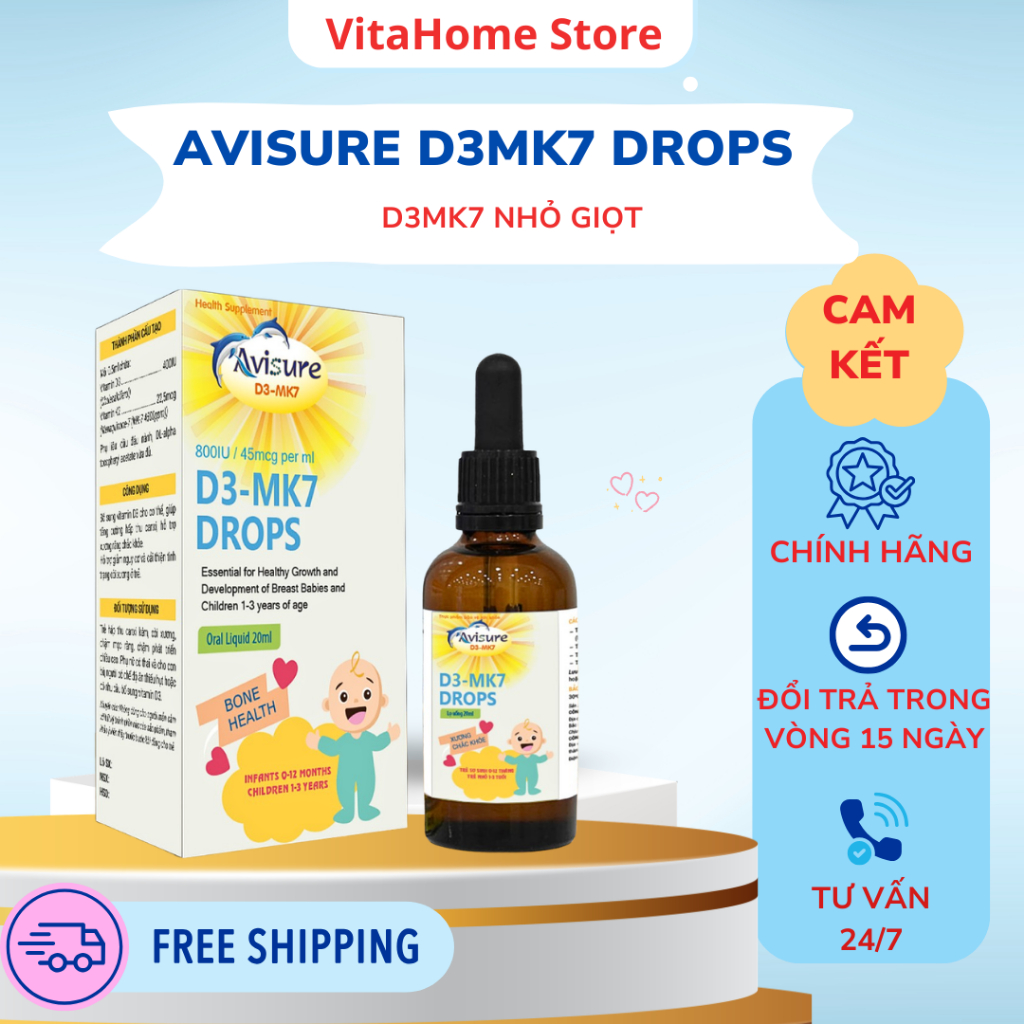 Avisure D3MK7 – Vitamin D3 & K2 MK7 Cho Trẻ, Hỗ Trợ Hấp Thu Canxi, Phát Triển Chiều Cao (Lọ 20ml)
