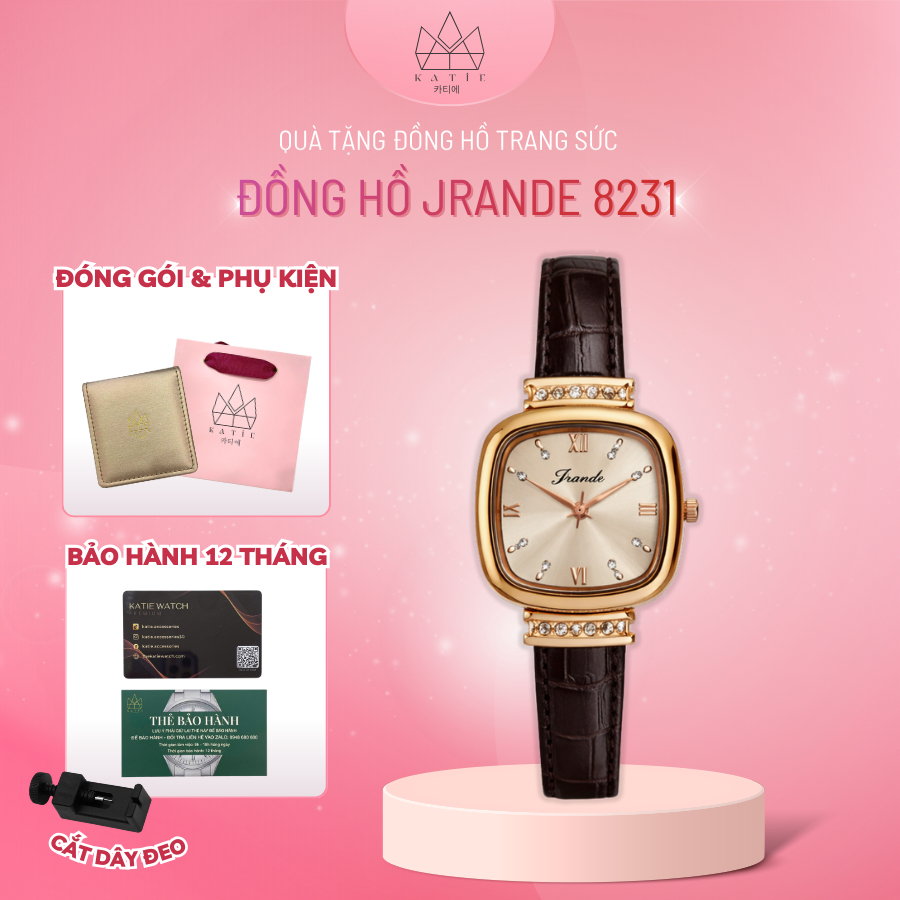 Đồng hồ nữ JRANDE 8231 size 22mm mặt vuông dây da mặt Sapphire chống xước chống nước 3ATM