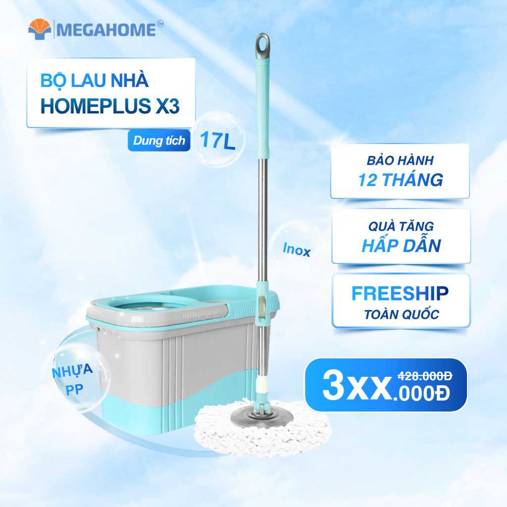 Bộ lau nhà Homeplus X3 Megahome dung tích 17l, lồng vắt inox, mâm inox, xoay 360 độ