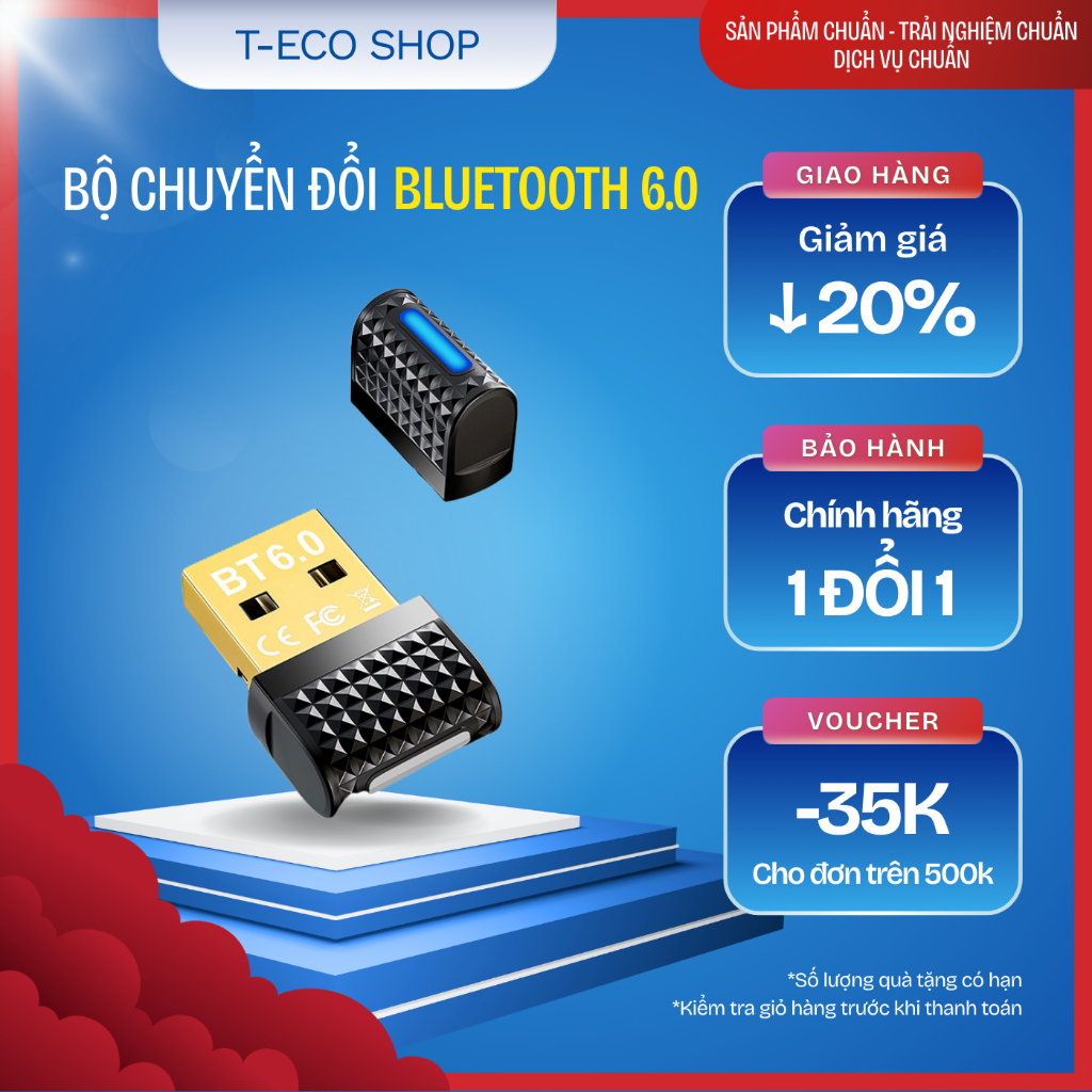 T-ECO SHOP USB Bluetooth 6.0 Cho PC Laptop – Kết Nối Không Dây, Plug & Play, Tương Thích Đa Năng