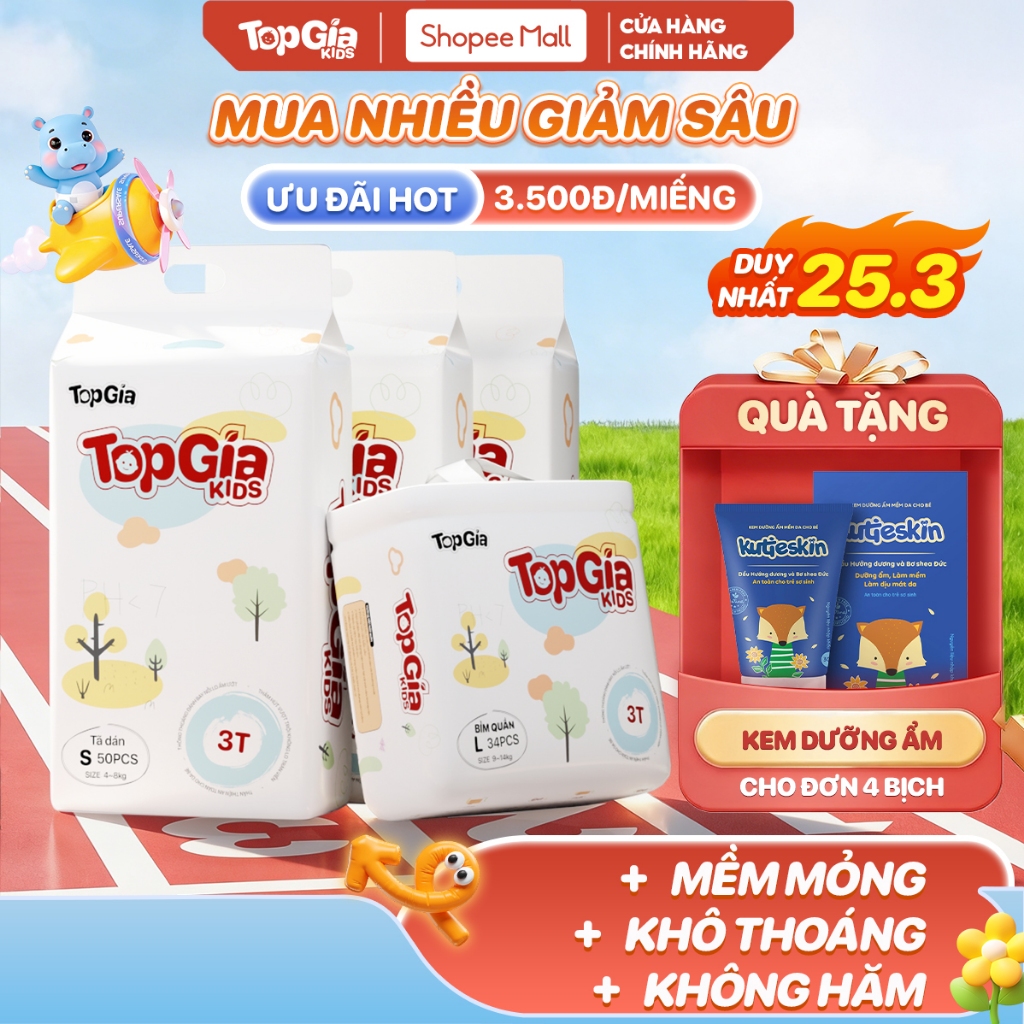 Tã/Bỉm Quần Dán Em Bé TOPGIAKIDS pH<7 Hỗ Trợ Kháng Khuẩn, Mềm Mại, Chống Tràn, Khô Thoáng Cả Ngày S/M/L/XL/XXL/XXXL