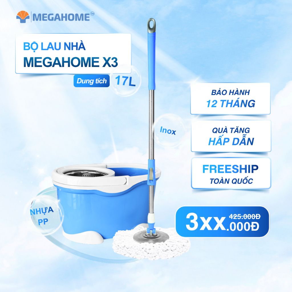 Bộ Lau Nhà Megahome X3 dung tích 17l, lồng vắt inox, mâm lau inox, xoay 360 độ