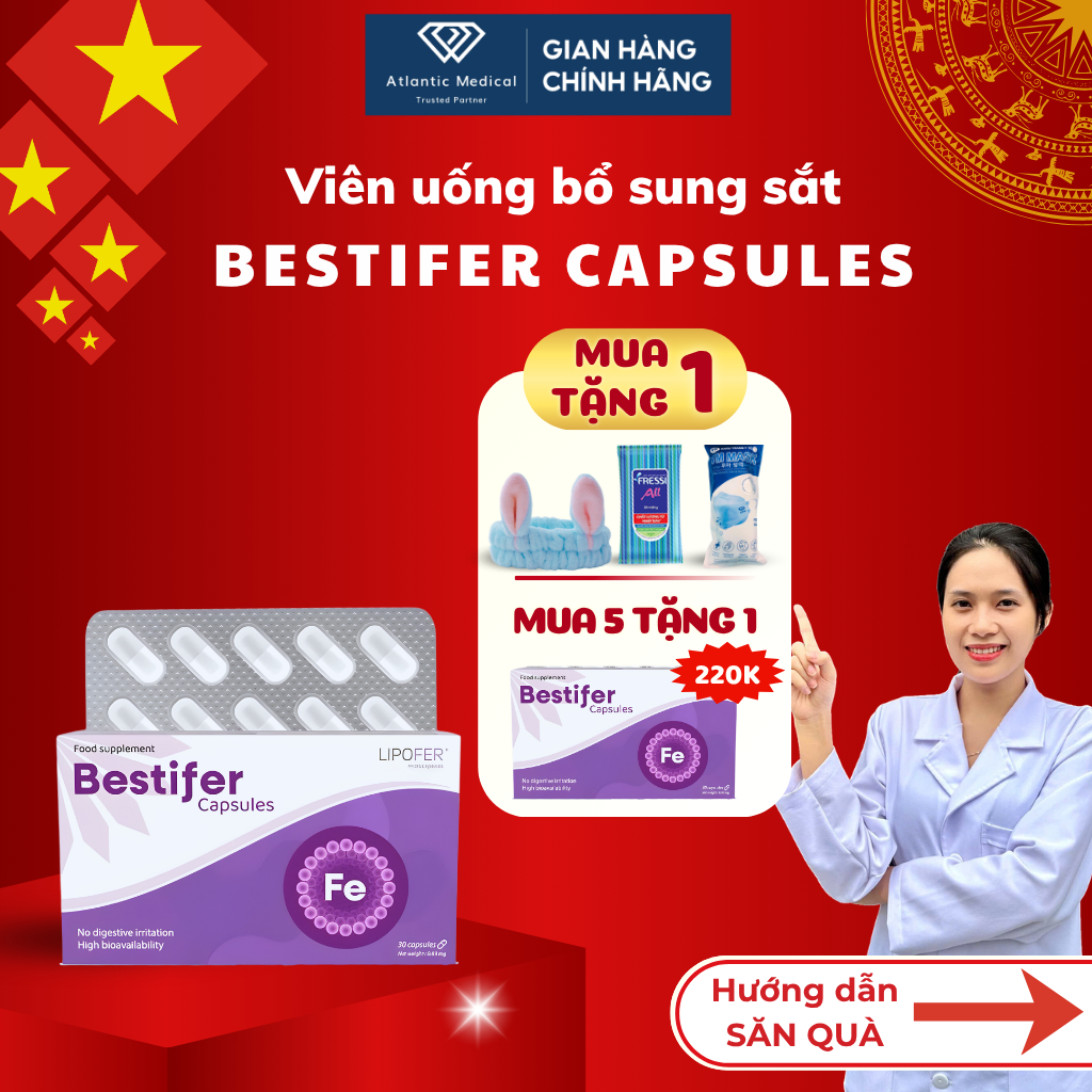 [Quà Xinh] Sắt Hữu Cơ Bestifer Capsules Dạng Viên Dễ Hấp Thu Tiện Dùng Cho Người Thiếu Máu Thiếu Sắt Hộp 30 Viên