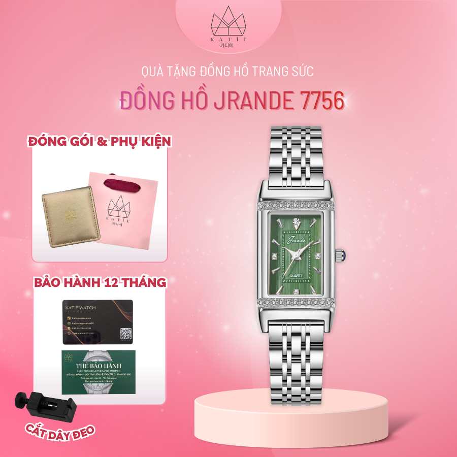 Đồng hồ nữ JRANDE 7756 size 21mm mặt chữ nhật dây thép mặt Sapphire chống xước chống nước 3ATM