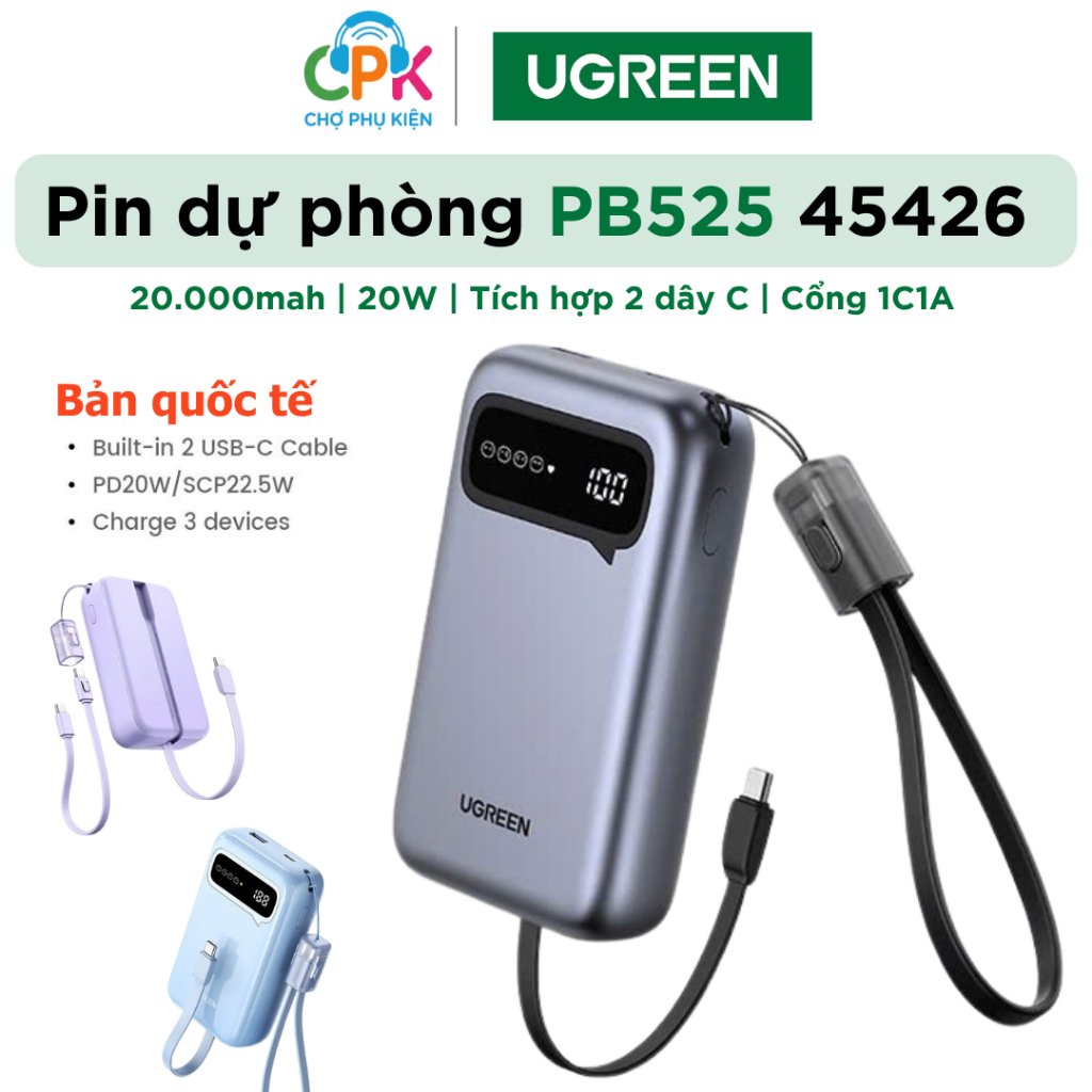 [ Hỏa Tốc HCM ] Pin Sạc dự phòng Ugreen PB525 ( 45426 ) 20.000mAh | Tích hợp 2x Cáp C | SCP 22.5W và