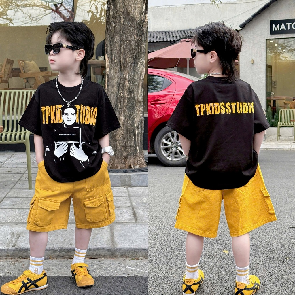 Set áo thun cộc tay TP studio vàng kèm quần ngố kaki túi hộp cho bé trai,TPKIDS,[M1224]