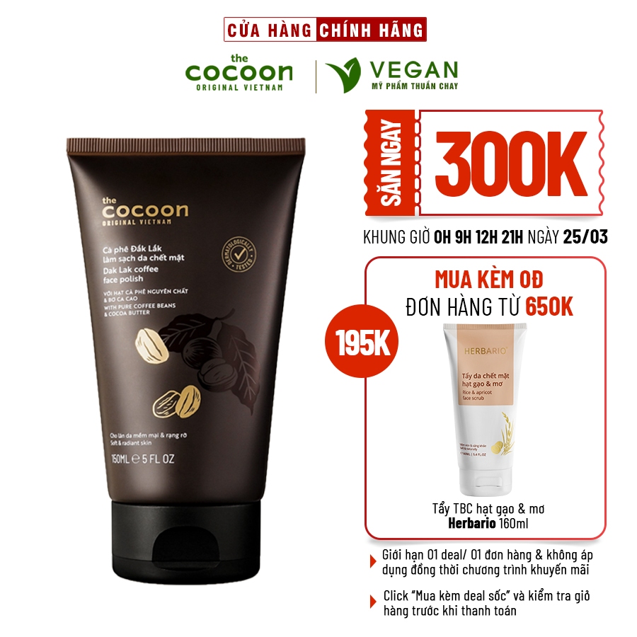 Tẩy da chết mặt Cà phê Đắk Lắk làm sạch da mặt cocoon 150ml (Dak Lak coffee face polish ) thuần chay