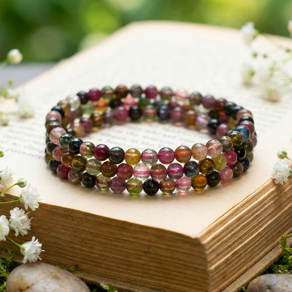 Vòng Tay Tourmaline 5ly Độ Bóng 5a Màu Rực Rỡ Dây Quấn 3 Vòng Lõi Thun Lụa Co Giãn - Ngọc Trai Trườn