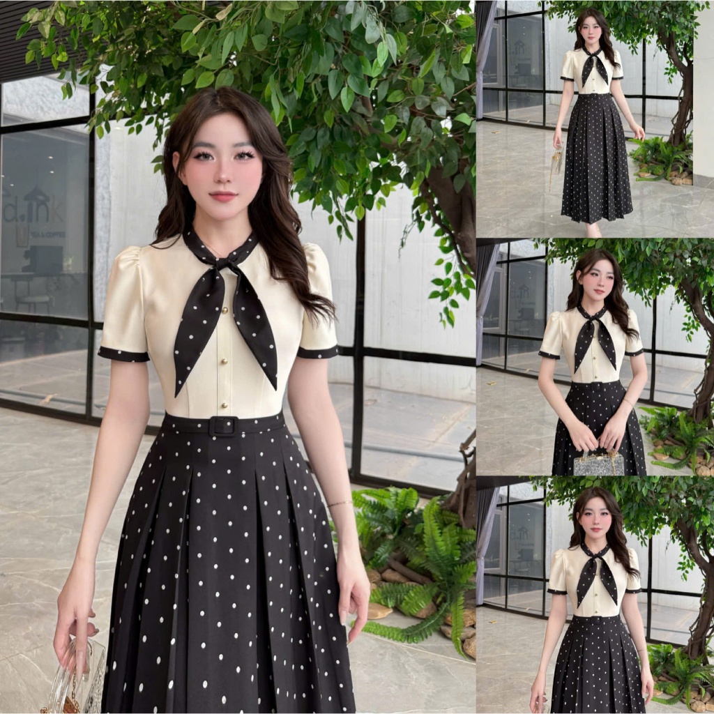 TY08 - Váy Thiết Kế Evii dành cho nữ, Đầm thiết kế chấm bi, cổ nơ may liền dáng A xếp ly dài phù hợp đi làm, đi chơi và