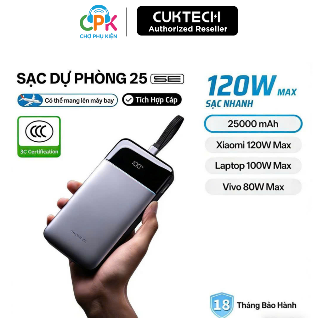 [Nguyên Seal, BH 18th] Pin Sạc dự phòng Cuktech 25SE | 120w Cáp Tích Hợp PD/PPS/QC/UFCS/MiTurbo 120W LPB252N | BigBuy360 - bigbuy360.vn
