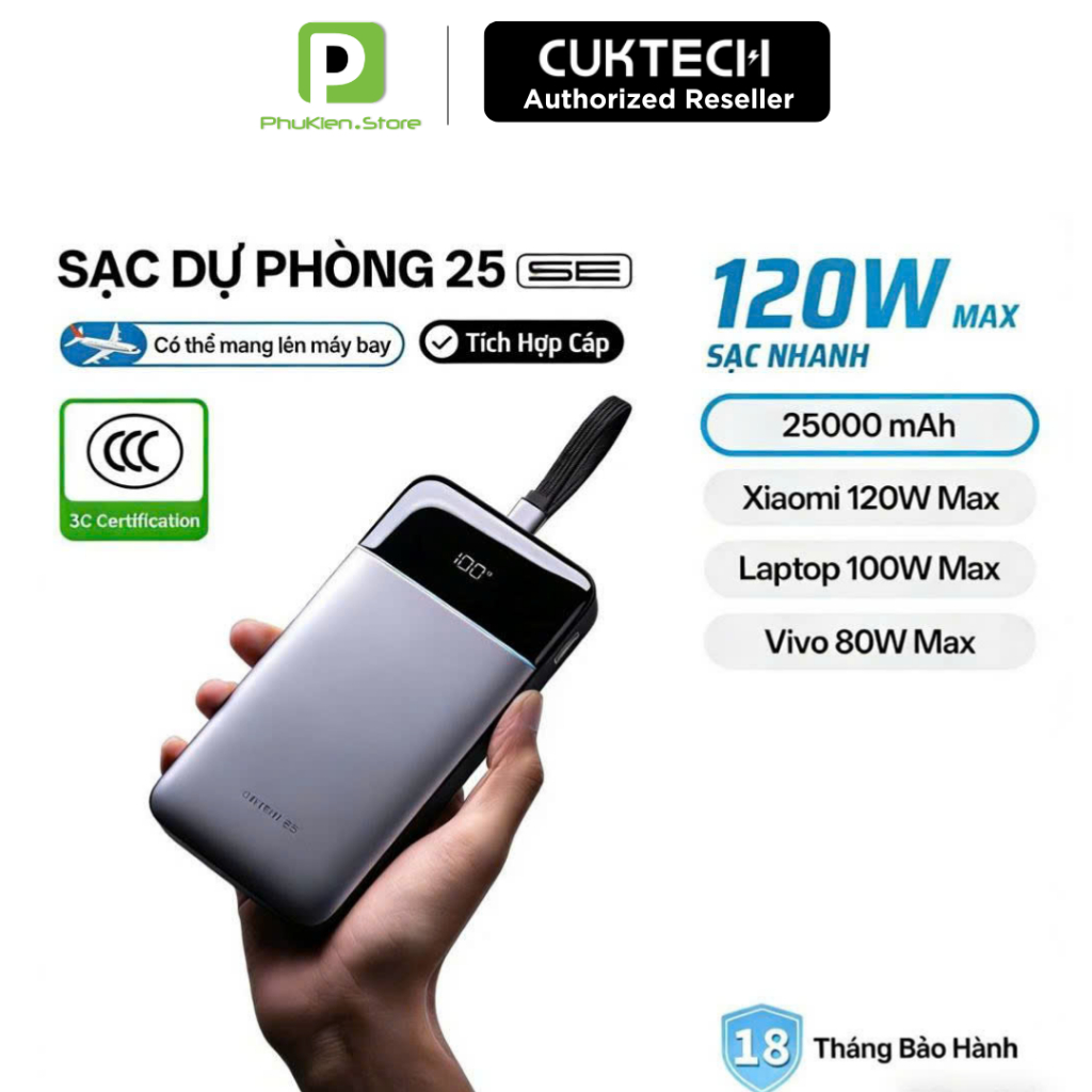 [Nguyên Seal, BH 18th] Pin Sạc dự phòng Cuktech 25SE | 120w Cáp Tích Hợp MiTurbo 120W LPB252N 25 SE