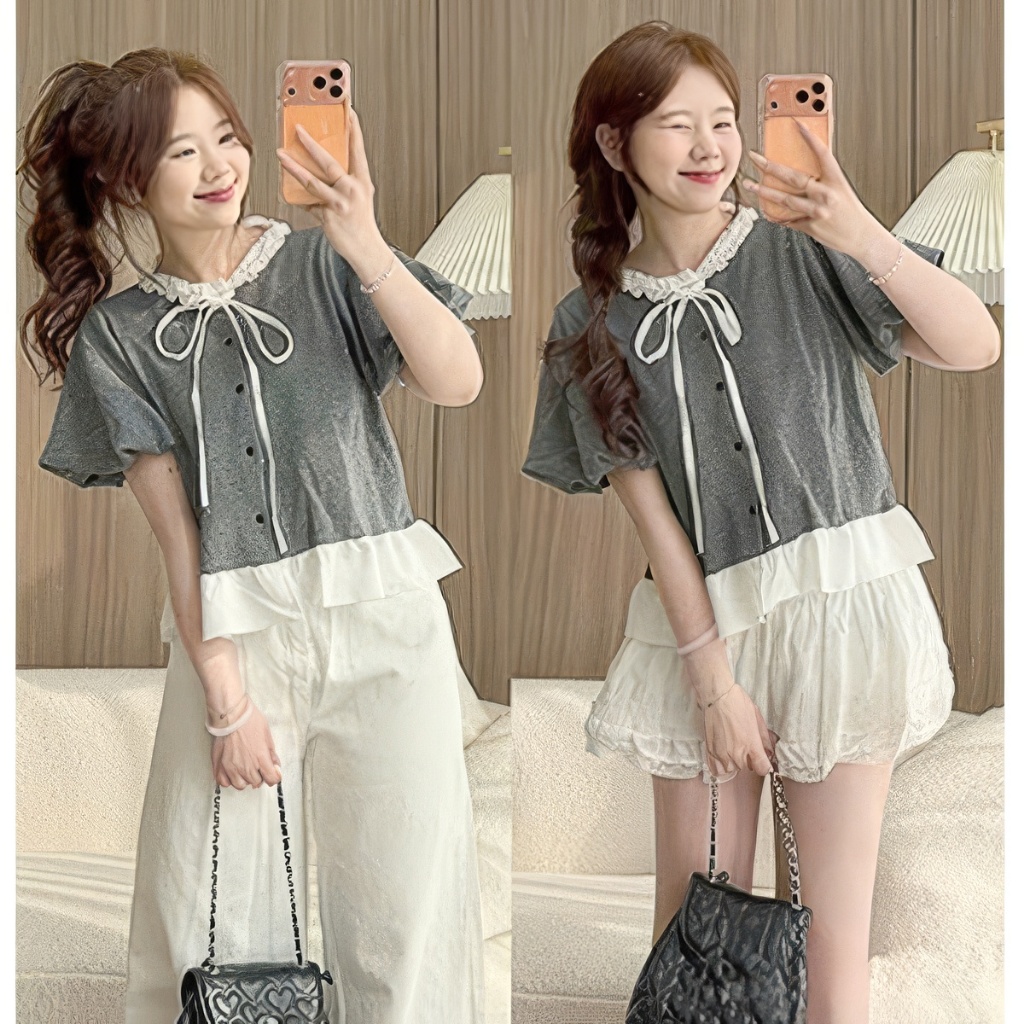 Áo kiểu nữ babydoll cổ bèo nơ buộc tay bồng cúc dọc form xinh dễ thương phong cách Hàn ulzzang tiểu thư hot trend