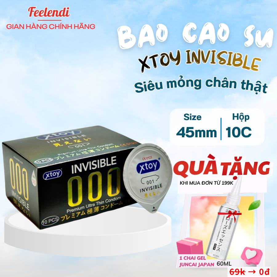 Hộp 10 Bao cao su siêu mỏng 001mm XTOY nhiều gel bôi trơn kéo dài thời gian bcs chống xuất tinh sớm