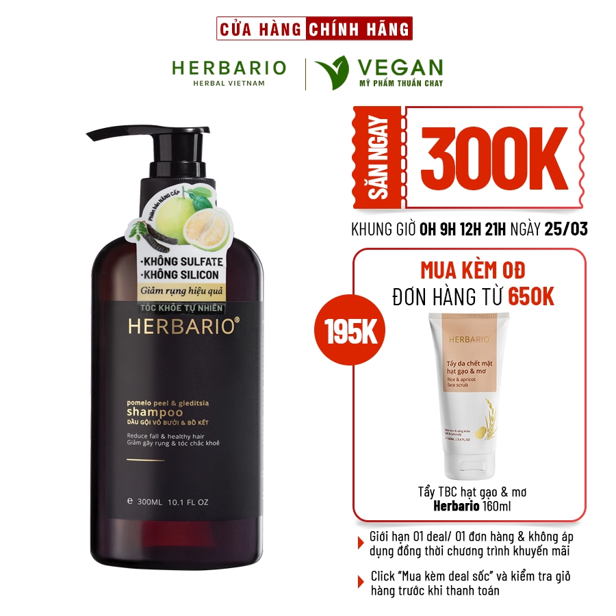 Dầu gội vỏ bưởi và bồ kết HERBARIO 300ml giảm rụng tóc, phục hồi tóc - VEGAN - Mỹ phẩm thuần chay