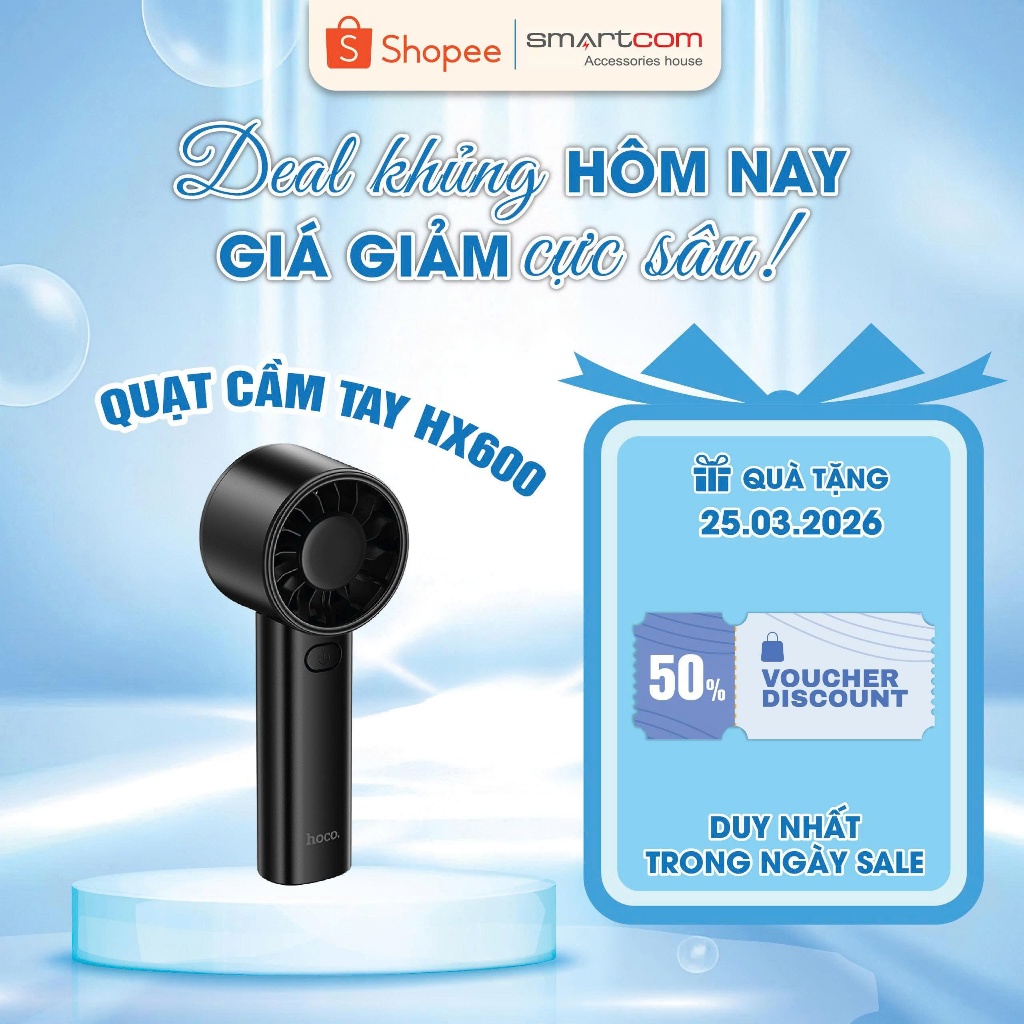 Quạt cầm tay Hoco HX600, quạt cầm tay chính hãng giá rẻ pin trâu - công suất lớn