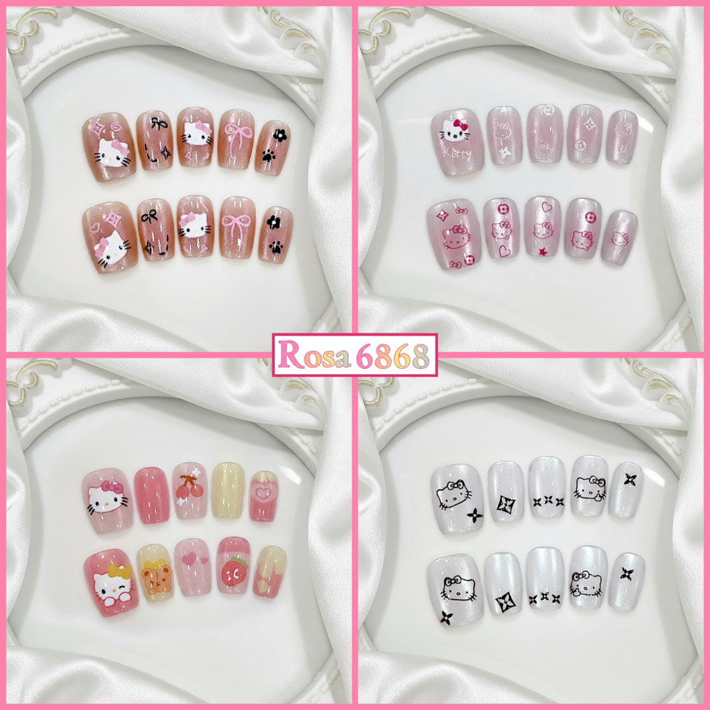 (M2) Nailbox thiết kế vuông ngắn móng tay giả hello kitty mắt mèo tặng keo dán - Rosa 6868