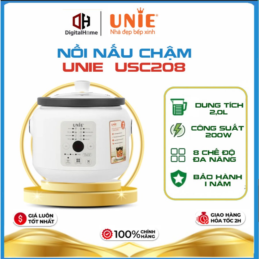 Nồi Nấu Chậm Đa Năng Unie USC208, Lòng Nồi Gốm Ceramic 2.0Lit, 8 Ché Độ Nấu, Hàng Chính Hãng