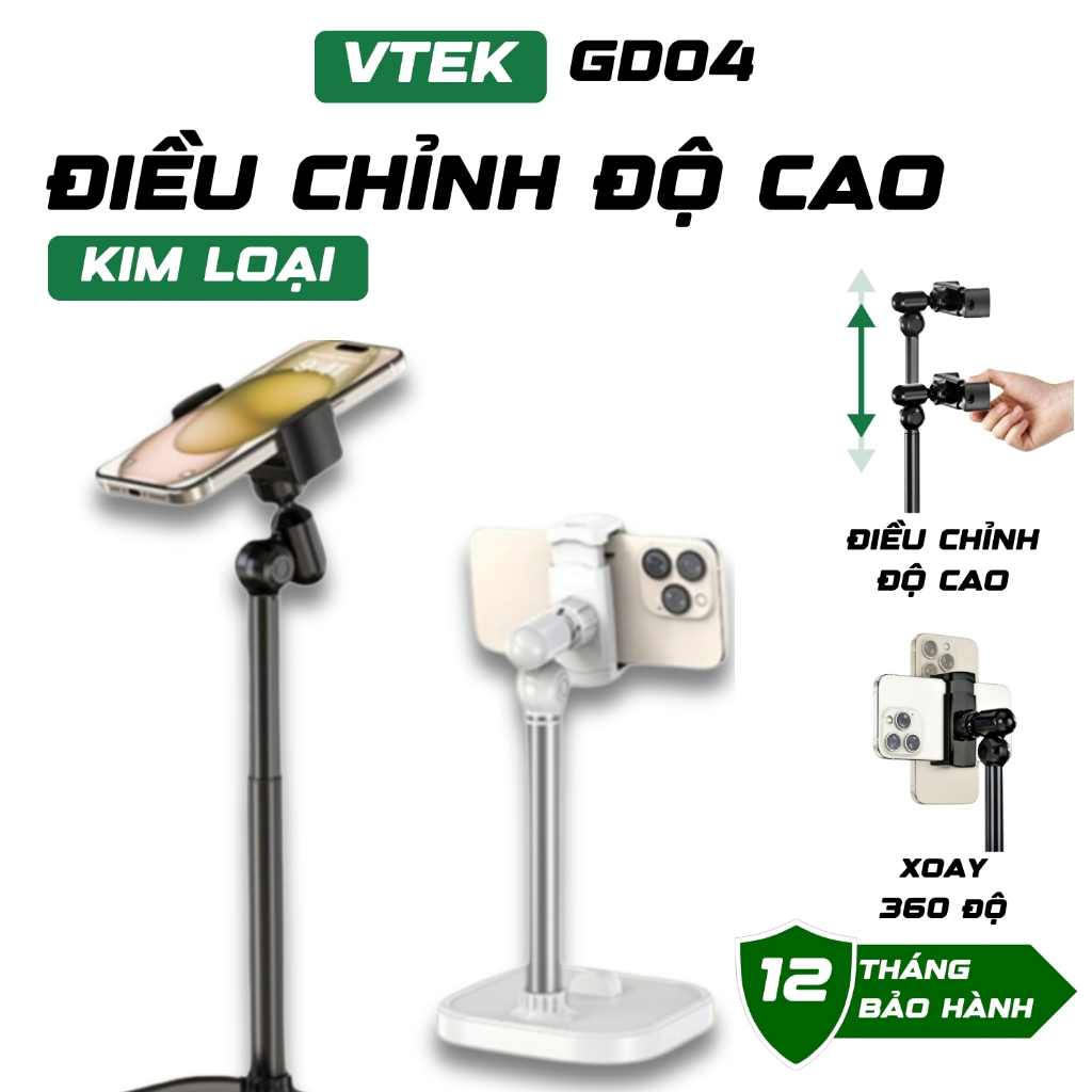 Giá Đỡ Điện Thoại Livestream VTEK GD04 – Kẹp Điện Thoại Quay Video, Góc Xoay 360°, Điều Chỉnh Chiều 