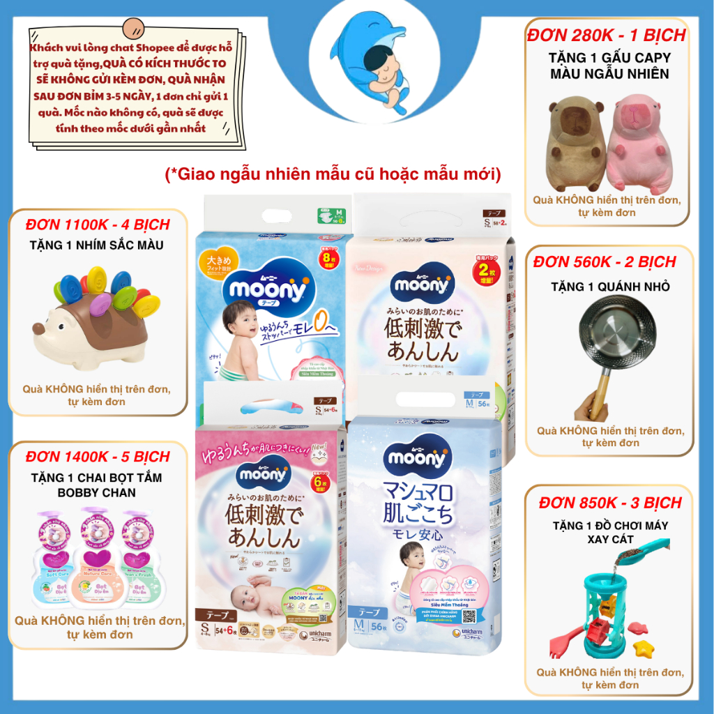 Tã/Bỉm Moony natural quần, dán đủ sizeNB60/S54/M46/L38/L36/XL32 cho bé 0-22kg MECAHEO