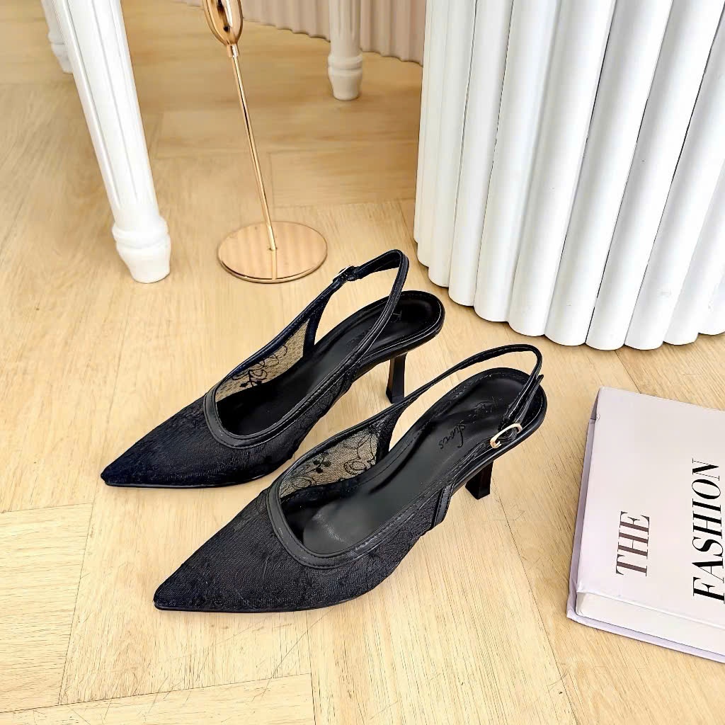 Giày cao gót nữ Slingback mũi nhọn 7cm DAZZLING SHOES thiết kế ren sang trọng SLB69