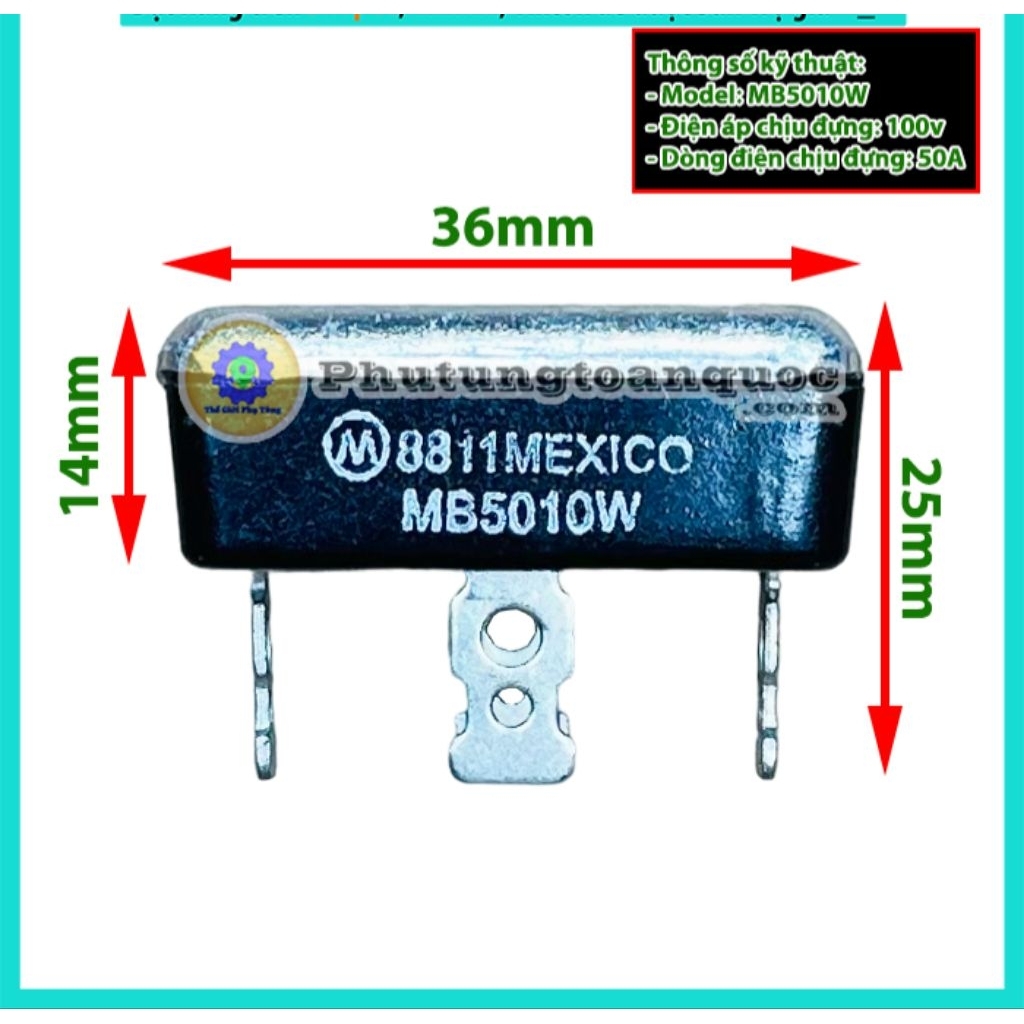 Diode (Diot) Cầu Nhôm 4 Chân Nhập Khẩu Mexico 50A MB5010W