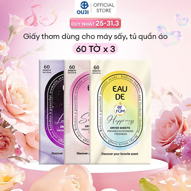 Combo 3 Giấy Thơm Arfum Làm Mềm Vải Và Chống Tĩnh Điện, Khử Mùi Tủ Giày, Tủ Quần Áo (60 Tờ/ Hộp)
