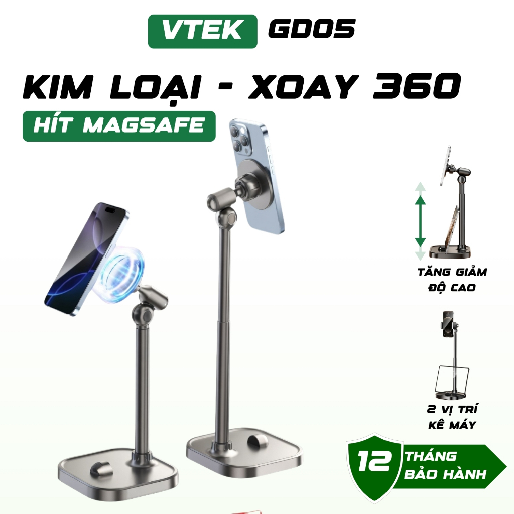 Giá Đỡ Điện Thoại Nam Châm VTEK GD05 – Kẹp MagSafe Quay Video, Livestream, Thân Kim Loại Cao Cấp