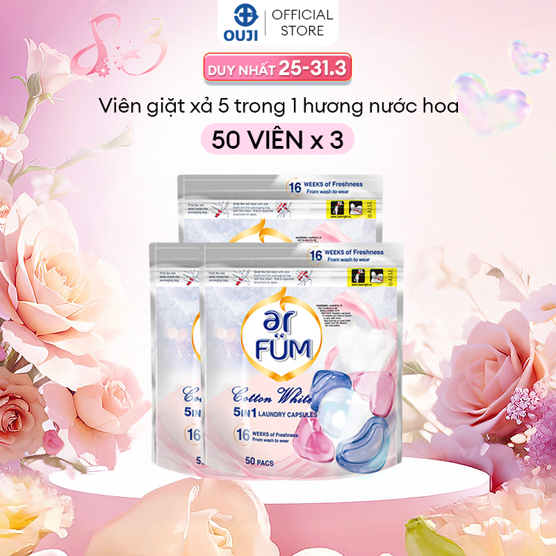 Combo 3 Túi Viên giặt Quần áo arFUM 5 trong 1 tinh dầu nước hoa, khử khuẩn 99% - 4 mùi hương (túi 50