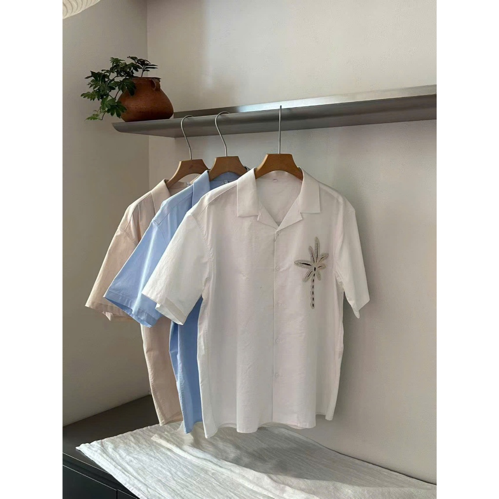 Áo Sơ Mi Nam Form Rộng Tay Ngắn Hàn Quốc – Áo Sơ Mi Basic Trắng/Xanh Dễ Phối Outfit Nam Hot Trend