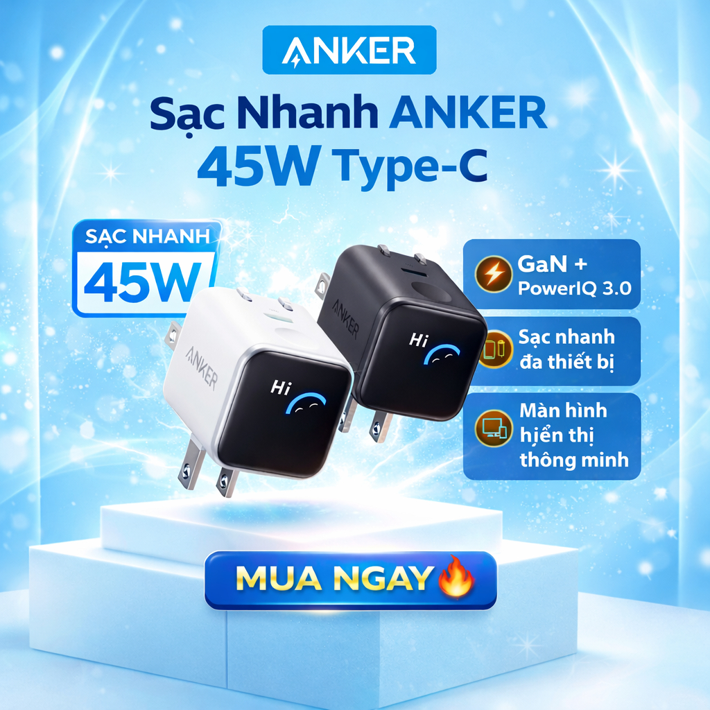 [Anker VN] Sạc Anker Nano 45W, Sạc Nhanh USB C Nhỏ Gọn với Phích Cắm Gấp Được Model A121D - Bảo Hành