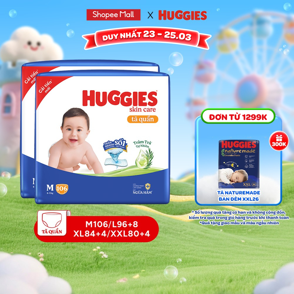 Combo 2 Tã quần Huggies Skincare Mega Jumbo M106/L96+8/XL84+4 với tràm trà dịu da