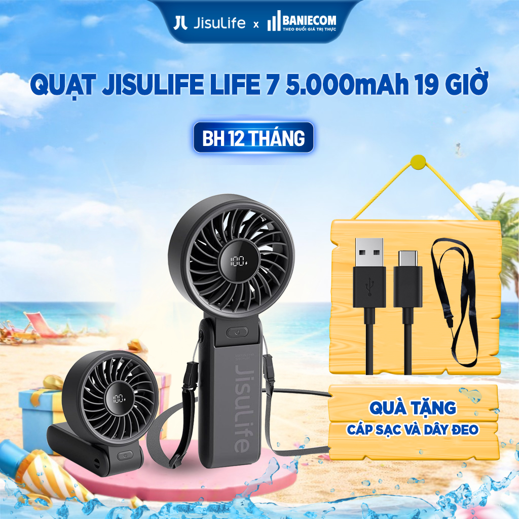 Quạt Cầm Tay Mini Jisu life Life 7 - 5 Cấp Độ Gió 5000mAh Tối Đa 19 Giờ - Sạc TypeC Màn LED KTS