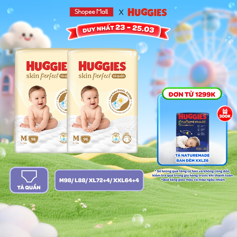 Combo 2 gói Tã quần Huggies Skin Perfect Mega cỡ M/L/XL/XXL với 2 vùng thấm giảm kích ứng da