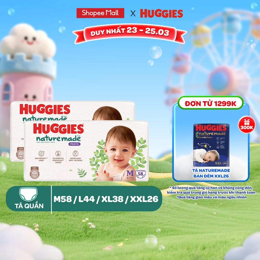 Combo 2 Tã/Bỉm quần Huggies NatureMade M58/L44/XL38/XXL26/XXXL28