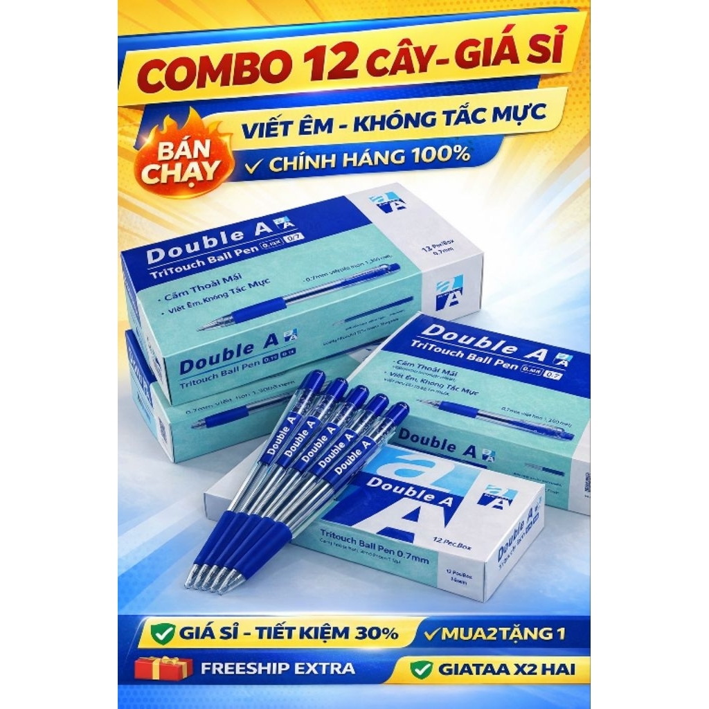 Hộp 12 Cây Bút Bi Double A Tritouch 0.7mm Chính Hãng – Mực Đậm, Viết Êm, Không Tắc, Đủ Màu )
