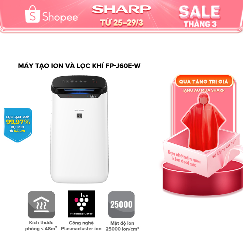 Máy Lọc Không Khí và tạo ion Sharp FP-J60E-W xuất xứ Thái Lan [Máy Lọc Vi Khuẩn, Bụi, Kích Thước Phòng <48m²]BH 12 tháng