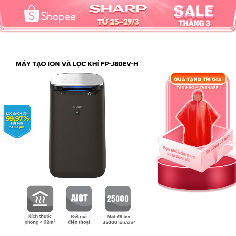 Máy Lọc Không Khí và tạo ion Sharp FP-J80EV-H xuất xứ Thái Lan [Máy Lọc Vi Khuẩn, Bụi, Kích Thước Phòng <62m²]