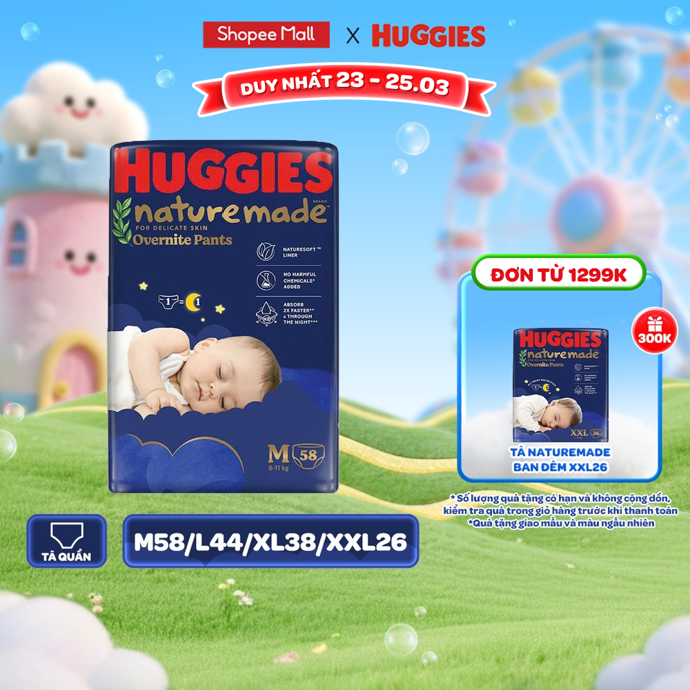 Tã quần Huggies Naturemade ban đêm M58/L44/XL38/XXL26