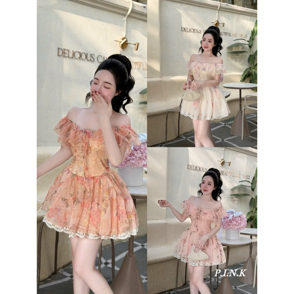 P360 Váy trễ vai tơ hoa