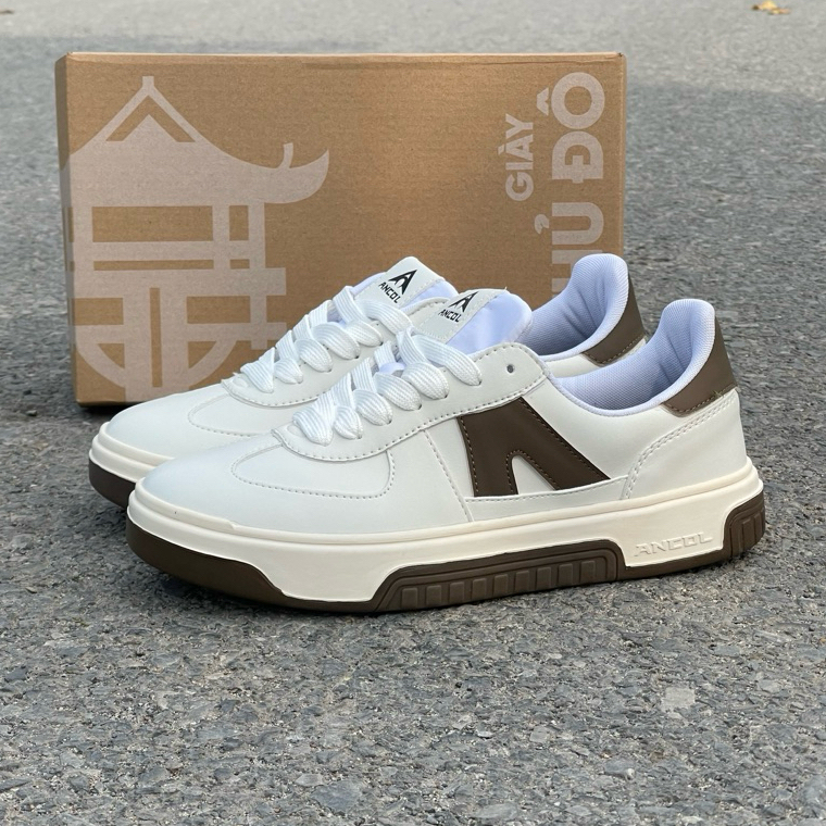 Giày Sneaker Nam Trắng Nâu Arabica ANCOL Da Ultra Micro Fiber Êm Chân Lót EVA 2cm Đế Cao Su Chống Tr
