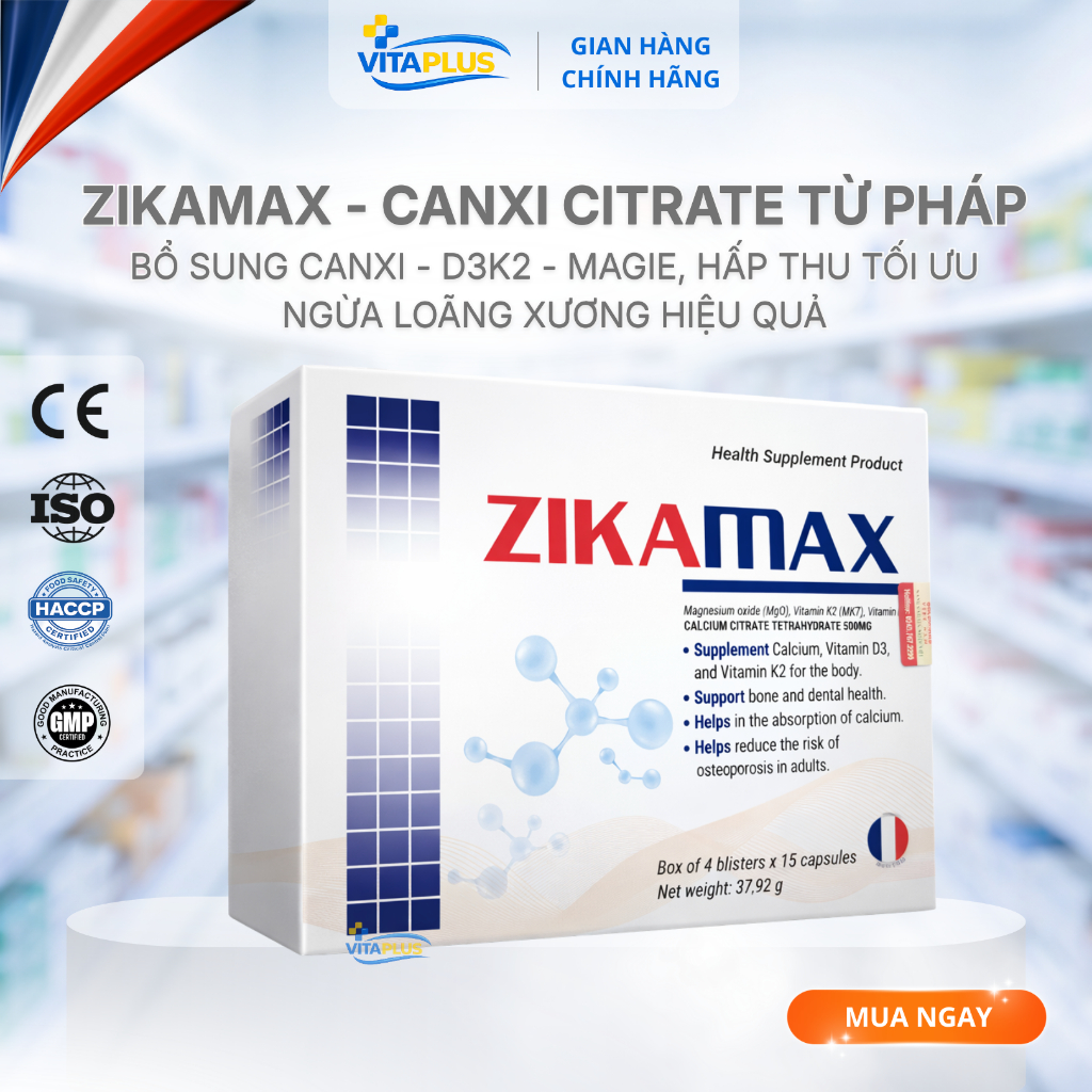 Zikamax - Canxi Citrate từ Pháp – Bổ Sung Canxi - D3K2 - Magie, Hấp Thu Tối Ưu, Ngừa Loãng Xương