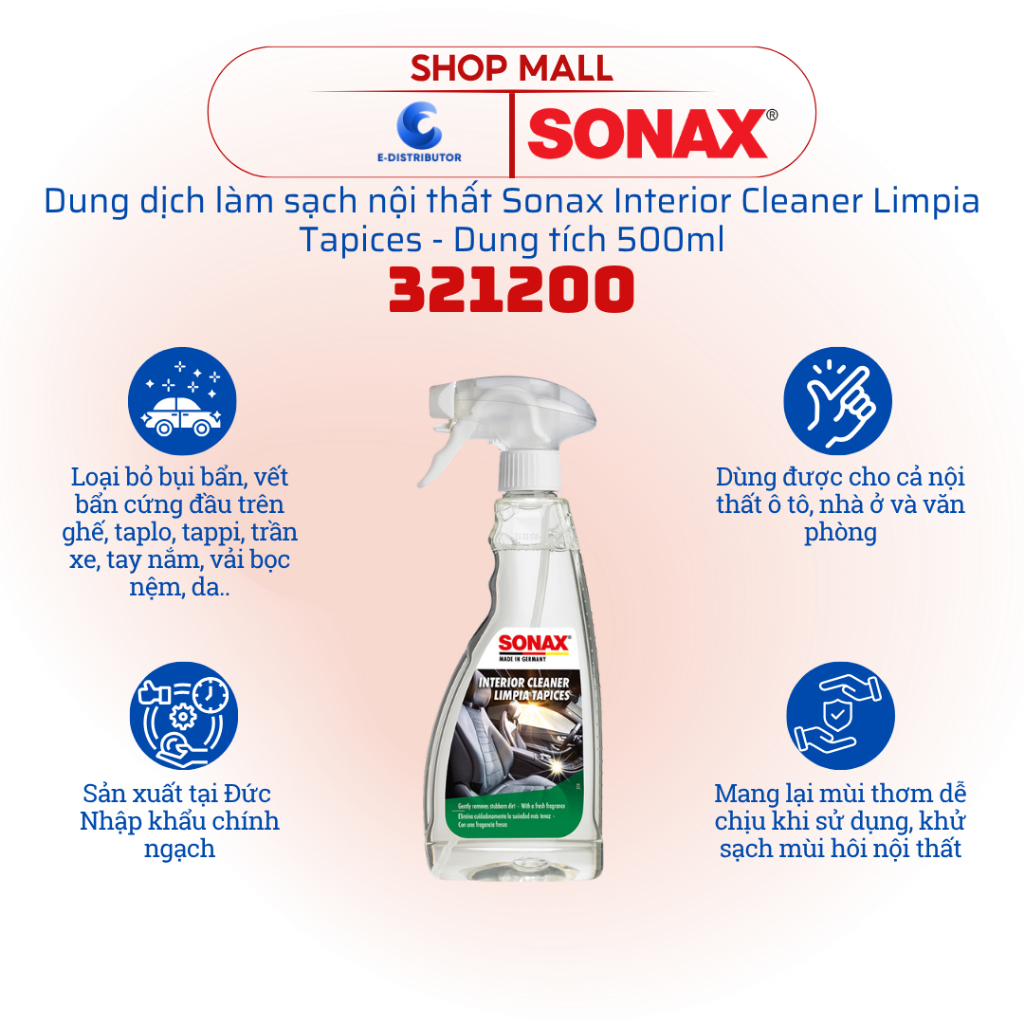 [Hỏa tốc] Dung dịch làm sạch nội thất xe Sonax 321200 Interior Cleaner Limpia Tapices 500ml