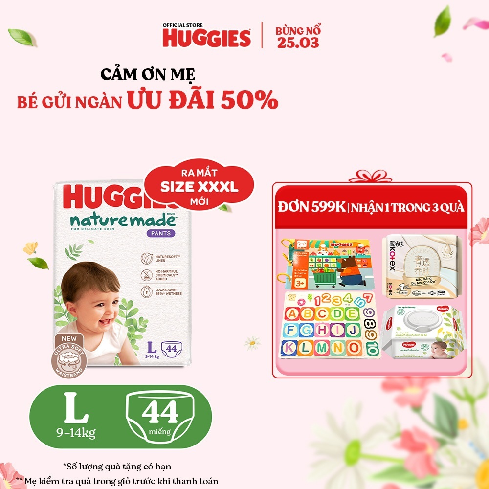 Tã Quần Huggies Nature Made Size M58 L44/XL38/XXL26/XXXL28 Cho Bé 6-25kg Sợi Thiên Nhiên Mềm Mịn Thoáng Khí Chính Hãng
