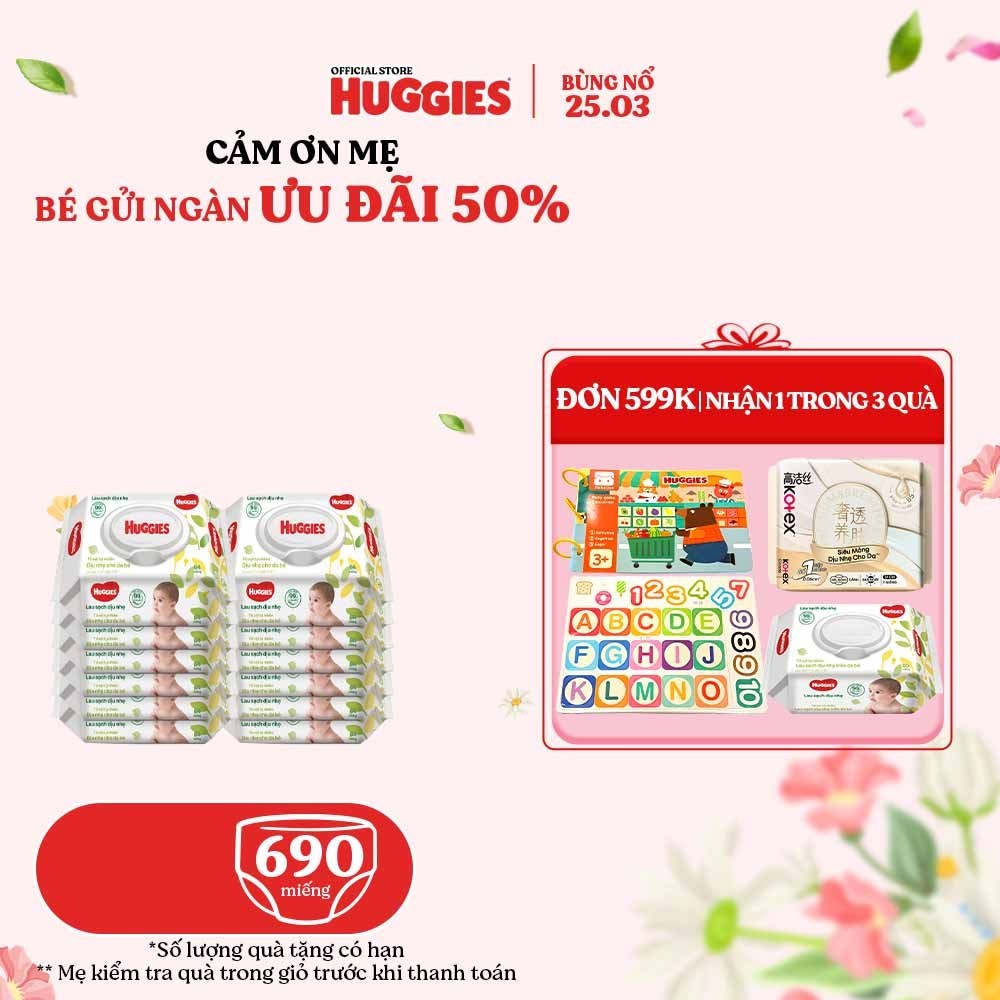 Khăn Ướt Huggies Cho Bé Không Mùi 80 Miếng/Gói Thùng 12 Gói Dịu Nhẹ Không Cồn An Toàn Cho Da Bé
